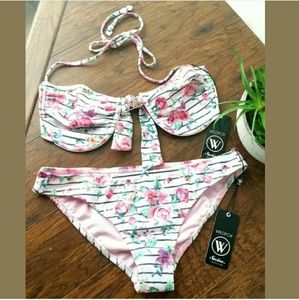 Rose Stripe Bikini Swimsuit Floral Underwire Small